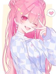  1girl :d ;d blush border breasts chase_my_ideal_idol!_(project_sekai) checkered_sweater commentary cropped_sweater dan5_thau double_bun earrings envelope_earrings fangs from_side hair_between_eyes hair_bun hair_ornament hairclip hand_up heart heart_hair_ornament highres jewelry long_hair long_sleeves looking_at_viewer momoi_airi nail_polish official_alternate_costume official_alternate_hairstyle one_eye_closed open_mouth pink_eyes pink_hair pink_nails pixel_heart project_sekai shirt sidelocks simple_background sleeves_past_wrists smile solo spoken_heart sweater turning_head upper_body v v_over_eye white_border yellow_background 