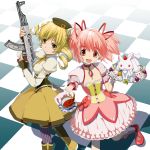  ak-47 assault_rifle beret blonde_hair checkered checkered_floor drill_hair dyuei fingerless_gloves gloves gun hat highres kaname_madoka kyubey kyuubee mahou_shoujo_madoka_magica multiple_girls ornate pink_eyes pink_hair puffy_sleeves rifle short_hair short_twintails thighhighs tomoe_mami trigger_discipline twintails weapon yellow_eyes 