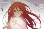  alternate_hairstyle bad_id bare_shoulders blush cuts face glowing glowing_eyes injury long_hair mahou_shoujo_madoka_magica musical_note outstretched_hand red_eyes red_hair redhead sakura_kyouko smile solo sparkle spoilers torino_rito 
