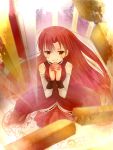  alternate_hairstyle bare_shoulders blurry cuts depth_of_field detached_sleeves hands_clasped highres injury long_hair magical_girl mahou_shoujo_madoka_magica mayu_(mxy) polearm praying red_eyes red_hair redhead sakura_kyouko smile solo spear spoilers weapon 