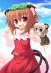  blush brown_eyes brown_hair cat_ears cat_tail chen chibi dress earrings grey_hair hat jewelry mouse_ears mouse_tail multiple_girls multiple_tails nazrin red_eyes short_hair smile tail touhou twintails yokuran 