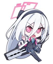  1girl absurdres black_bow black_hairband black_skirt black_thighhighs blue_archive blue_necktie bow bright_pupils chibi chibi_only collared_shirt double-parted_bangs hair_between_eyes hairband halo highres jacket kei_(blue_archive) kei_(student)_(blue_archive) long_hair long_hair_between_eyes long_sleeves looking_at_viewer multicolored_jacket necktie open_mouth pink_eyes pink_halo pleated_skirt projectorzero rectangular_halo ringed_eyes shirt skirt solo thigh-highs two-tone_jacket very_long_hair white_hair white_jacket white_shirt zettai_ryouiki 