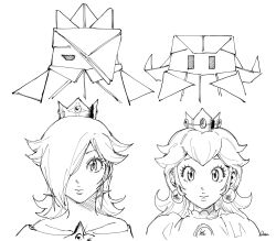  1boy 3girls artist_name bare_shoulders brooch brother_and_sister closed_mouth commentary crown dress dusa earrings eyelashes hair_over_one_eye highres jewelry king_olly looking_at_viewer monochrome multiple_girls off-shoulder_dress off_shoulder olivia_(paper_mario) paper_mario paper_mario:_the_origami_king princess_peach rosalina siblings signature smile sphere_earrings star_(symbol) star_brooch star_earrings super_mario_bros. trait_connection untranslatable_commentary upper_body 