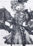  bat_wings chotto fangs hat highres monochrome remilia_scarlet short_hair solo touhou traditional_media wings 