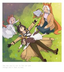  4girls :d ^_^ ahoge black_gloves bow brown_coat brown_hair brown_jacket carrot closed_eyes closed_mouth coat colored_inner_animal_ears commentary compass day double-parted_bangs dream_journey_(umamusume) dress ear_bow english_commentary english_text family fingerless_gloves gloves goggles goggles_around_neck hair_between_eyes highres jacket long_hair long_sleeves lying lying_on_person multicolored_hair multiple_girls myticalcat on_back orange_hair orfevre_(umamusume) oriental_art_(racehorse) original outdoors outstretched_arms parted_bangs picnic_basket red_bow seiza shirt short_hair sitting smile stay_gold_(sunlit_outsider)_(umamusume) stay_gold_(umamusume) streaked_hair torn_clothes two-tone_hair u_u umamusume umamusume_horse_relations white_dress white_hair white_shirt white_streaks 