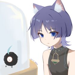  1boy :3 animal_ear_fluff animal_ears armpit_crease arms_at_sides bare_shoulders black_bodysuit blue_eyes blunt_ends body_markings bodysuit bright_pupils cat_boy cat_ears closed_mouth commentary_request covered_collarbone creature dated dottore_(genshin_impact) eyeliner genshin_impact grey_hair highres looking_at_creature makeup male_focus red_eyeliner scaramouche_(genshin_impact) shenqiabei solo tsurime turtleneck turtleneck_bodysuit wanderer_(genshin_impact) white_background white_pupils wispy_bangs 