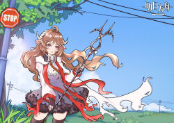  1girl absurdres ahoge animal_ears arknights black_gloves black_thighhighs blue_sky brown_hair clouds commentary_request copyright_name cowboy_shot day dress eyjafjalla_(arknights) fingerless_gloves gloves grass grey_dress highres holding holding_staff horns lanyao_xun long_hair long_sleeves looking_at_viewer mask mask_around_neck open_mouth outdoors pink_eyes power_lines purple_dress respirator sheep_ears sheep_girl sheep_horns sky solo staff thigh-highs torn_clothes torn_coat torn_dress tree utility_pole 