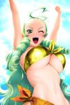  :d arms_up bandeau bikini breasts cleavage drill_hair from_below front-tie_top green_eyes green_hair large_breasts long_hair navel open_mouth original sarong smile solo swimsuit ueyama_michirou under_boob underboob wink 