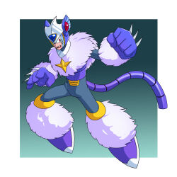  1boy android armor cat_boy cat_tail claws commentary english_commentary fang forehead_jewel full_body fur_collar gloves helmet highres mega_man_(classic) mega_man_(series) mega_man_v open_mouth pluto_(mega_man) purple_armor purple_gloves purple_helmet red_eyes robot robot_ears solo tail teeth toastiepumpkin two-tone_background upper_teeth_only 