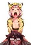  animal_costume bandeau bite_mark blood blue_eyes breasts brown_hair cleavage costume fangs glasses injury new_year nosebleed open_mouth original patipat_asavasena simple_background tiger tiger_costume tiger_print white_background white_hair 