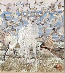  animal animal_focus bird bird_on_antlers bird_on_back commentary_request day deer dove grass highres honjo_kei leucistic long-tailed_tit looking_at_viewer no_humans olive_branch original outdoors signature snow tit_(bird) too_many too_many_birds traditional_media 