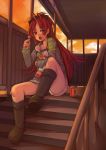  boots bow candy coca-cola fang hair_bow highres hitoto lollipop mahou_shoujo_madoka_magica open_mouth pocky ponytail product_placement red_eyes red_hair redhead sakura_kyouko solo stairs sunset sweatdrop swirl_lollipop 