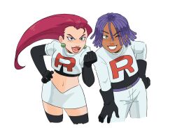  1boy 1girl alternate_skin_color black_gloves blue_hair clenched_hand commentary dark-skinned_female dark_skin darkened_skin dreadlocks earrings east_asian elbow_gloves english_commentary eyeshadow flower gloves green_eyes grin highres holding holding_flower jacket james_(pokemon) jessie_(pokemon) jewelry kiana_mai leaning_forward light_blush lipstick long_hair looking_at_viewer makeup one_eye_closed open_mouth pokemon pokemon_(anime) pokemon_(classic_anime) purple_hair red_flower red_hair red_lips red_rose rose short_hair single_letter smile sphere_earrings team_rocket team_rocket_uniform v-shaped_eyebrows very_dark_skin white_jacket 