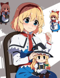  1girl alice_margatroid blonde_hair blue_dress blue_eyes blush capelet chair character_doll closed_mouth commentary_request doll dress embarrassed flying_sweatdrops hairband highres holding_sewing_needle kirisame_marisa necono_(nekonosora1207) on_chair red_hairband red_sash sash shanghai_doll sitting solo spool touhou waist_sash white_capelet 