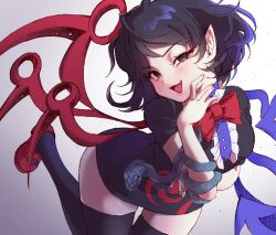  1girl asymmetrical_wings black_dress black_hair black_thighhighs blue_wings bow bowtie breasts center_frills commentary_request dress fang frills gradient_background hand_on_own_chin highres houjuu_nue leaning_forward leg_up looking_at_viewer momonhashi open_mouth pointy_ears red_bow red_bowtie red_shoes red_wings shoes short_dress short_sleeves simple_background smile snake solo thigh-highs touhou wings zettai_ryouiki 