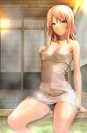  1girl bare_legs breasts cleavage green_eyes haruno_sakura long_hair naked_towel naruto onsen pink_hair shinon_(tokage_shuryou) sitting soaking_feet solo sweat towel 