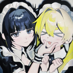  >_< 2girls :3 :d absurdres black_dress black_hair blonde_hair blunt_bangs cheek_press closed_eyes closed_mouth commentary_request double-parted_bangs dress hair_between_eyes highres iwonu long_hair maid maid_headdress multiple_girls open_mouth original short_sleeves smile thick_eyebrows twintails upper_body x3 xd 