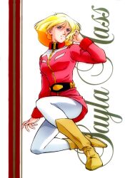  1girl absurdres belt blonde_hair blue_eyes boots dress earth_federation full_body gundam hand_in_own_hair highres long_sleeves military military_uniform mobile_suit_gundam official_art pantyhose parted_lips pink_dress retro_artstyle sayla_mass simple_background solo white_background white_pantyhose yellow_boots 