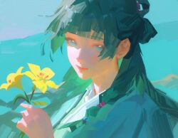  1girl commentary flower green_background green_eyes green_hair highres holding holding_flower kusuriya_no_hitorigoto long_hair looking_at_viewer maomao_(kusuriya_no_hitorigoto) nyte_tyde simple_background solo upper_body yellow_flower 