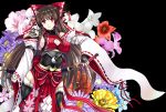  adapted_costume adult armor armored_dress bow breasts brown_hair cleavage cleavage_cutout cosplay detached_sleeves error floral_background flower hair_bow hair_ornament hair_tubes hairpin hakurei_miko_(cosplay) hakurei_reimu highres large_breasts long_hair miko mugen_houteishiki mugenshiki obi red_eyes sideboob smile solo sword thigh-highs thighhighs touhou weapon yin_yang 