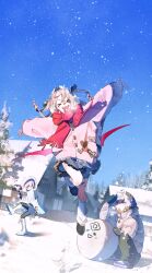  1boy 2girls absurdres arms_up ars_almal building_snowman cardigan commentary_request day demon_wings down_jacket hair_intakes highres house jacket jumping kurotayan makaino_ririmu multiple_girls murakumo_kagetsu nijisanji outdoors pink_cardigan scarf skirt sky snow snowing two_side_up virtual_youtuber white_jacket wings 