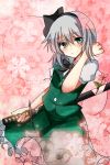  aqua_eyes blush bow flower hair_bow hair_ornament hairband highres katana konpaku_youmu myon ribbon short_hair shromann silver_hair skirt snowflake solo sword touhou weapon 