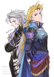  1boy arm_behind_back armor arms_behind_back ascot black_coat blonde_hair blue_armor blue_cape blue_eyes blue_pants blue_ribbon cape closed_mouth coat coat_on_shoulders commentary_request cowboy_shot crossed_arms earrings edgar_roni_figaro final_fantasy final_fantasy_vi gem gold_trim grey_hair hair_ribbon highres jewelry light_smile long_hair low_ponytail male_focus multi-tied_hair pants parted_bangs ponytail purple_ascot red_gem ribbon sash scar scar_across_eye scar_on_chin scar_on_face scar_on_forehead setzer_gabbiani shirt shoulder_armor shoulder_spikes sidelocks single_shoulder_pad solo spikes t0h0h0 twitter_username upper_body waist_sash white_shirt 