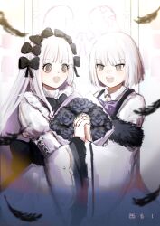  1boy 1girl alternate_costume black_bow black_eyes black_feathers black_flower bouquet bow cau3mges chinese_commentary commentary_request cowboy_shot dated dual_persona falling_feathers fate/strange_fake fate_(series) feathers flower francesca_prelati_(fate) francois_prelati_(fate) hair_bow highres holding_hands interlocked_fingers light_blush looking_at_another multiple_hair_bows open_mouth purple_bow ringed_eyes seven-segment_display teeth upper_teeth_only white_hair wide_sleeves 