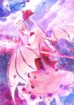  bad_id bat_wings dress flandre_scarlet flower full_moon glowing hat highres looking_back magic_circle moon polearm purple_hair red_eyes remilia_scarlet short_hair smile spear spear_the_gungnir touhou weapon wings zuoyou 