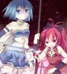  blood blue_eyes blue_hair bow cape hair_bow kyubey kyuubee long_hair magical_girl mahou_shoujo_madoka_magica mari_audio miki_sayaka multiple_girls polearm ponytail red_eyes red_hair redhead sakura_kyouko short_hair slit_pupils sword thighhighs weapon 