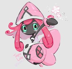  1girl aqua_eyes arm_up bandeau black_skin colored_skin commentary floating flower full_body grey_background long_hair looking_at_viewer no_mouth pink_flower pink_hair pokemon pokemon_(creature) simple_background sok_(mr14_c) solo tapu_lele white_bandeau 