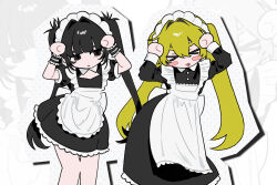  >_< 2girls :3 :d apron arms_up ball_hands black_dress black_eyes black_hair blonde_hair blunt_bangs blush_stickers caramelldansen closed_eyes commentary_request double-parted_bangs dress feet_out_of_frame frilled_apron frilled_dress frills hair_between_eyes highres iwonu long_hair long_sleeves maid maid_headdress multiple_girls open_mouth original outline polka_dot short_sleeves smile standing thick_eyebrows triangle_mouth twintails very_long_hair white_apron white_outline x3 xd zoom_layer 