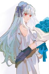  1girl blue_flower blue_hat bouquet breasts closed_mouth dress fate/strange_fake fate_(series) flower gloves hair_ornament hat highres holding holding_bouquet k_7s long_hair long_sleeves looking_at_viewer philia_(fate) red_eyes simple_background smile solo white_background white_dress white_hair 