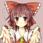  bad_id blush bow brown_eyes brown_hair bust foreshortening frown hair_bow hakurei_reimu no_nose outstretched_arms pasutel solo touhou 