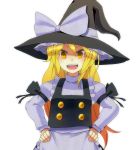  bad_id blonde_hair bow bust buttons fai_(zigzagflamberge) hands_on_hips hat kirisame_marisa long_hair open_mouth ribbon sanuki_(zigzagflamberge) smile solo touhou transparent_background witch witch_hat yellow_eyes 