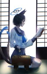  1girl absurdres animal_ear_fluff animal_ears asao_(asaomm12345) black_eyes black_hair black_skirt blue_archive blue_halo blue_neckerchief board_game breasts cat_ears cat_girl cat_tail commentary_request gradient_tail halo highres kikyou_(blue_archive) kneeling medium_skirt multiple_tails neckerchief pleated_skirt sailor_collar school_uniform shirt shogi short_hair skirt socks solo tail two_tails white_shirt white_socks 
