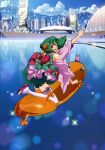  absurdres building city detached_sleeves fang green_hair highres japanese_clothes kimono macross macross_frontier macross_frontier:_itsuwari_no_utahime open_mouth ranka_lee red_eyes science_fiction see-through short_hair smile solo thigh-highs thighhighs 