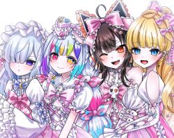 ahoge animal_ear_headphones animal_ears black_hair blonde_hair blue_eyes bow cat_ear_headphones cat_ears choker commentary dress fake_animal_ears frilled_dress frilled_sleeves frills hair_over_one_eye hairband hat headphones heterochromia highres jogasaki_noah karaoke_manekineko lolita_fashion lolita_hairband long_hair long_sleeves mahou_shoujo_no_majo_saiban mole mole_under_eye multi-tied_hair multicolored_hair multiple_girls natsume_an-an official_alternate_costume open_mouth orange_eyes red_eyes ribbon saeki_miria sawatari_coco sharp_teeth simple_background smile streaked_hair sweet_lolita teeth untranslatable_commentary usgpeace violet_eyes white_background white_choker white_hair yellow_eyes 
