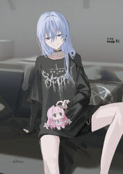  1girl arm_support black_nails black_shirt black_shorts blue_eyes blue_hair character_doll chihuri collarbone commentary_request cross doll ende_(chihuri) feet_out_of_frame hair_between_eyes hair_intakes highres indoors inverted_cross jewelry latin_cross layered_sleeves long_hair nail_polish nea_(chihuri) original pentagram pink_hair ring shirt shorts signature sitting solo sweat violet_eyes 