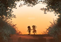 1girl 1other aged_down backpack bag children's_day chinese_commentary commentary crossbody_bag deltarune demon_horns dress english_text foliage green_shirt hat highres holding_hands horns kris_(deltarune) noelle_holiday red_bag shirt shorts striped_clothes striped_shirt sunset utdr_(toby_fox) xiaoyi_xd 