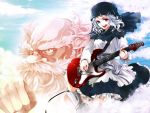  bald beard blue_eyes blue_hair boots cloud dress facial_hair guitar hood instrument kumoi_ichirin short_hair silver_hair sky touhou unzan 