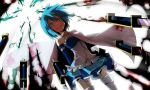  blood blood_stain blue_eyes blue_hair cape dutch_angle from_below highres magical_girl mahou_shoujo_madoka_magica miki_sayaka sea_(lordofk) short_hair smile sword thigh-highs thighhighs weapon white_legwear white_thighhighs witch&#039;s_labyrinth witch's_labyrinth zettai_ryouiki 