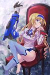  blonde_hair blue_eyes blue_hair blue_tears cecilia_alcott chair curly_hair drill_hair hairband highres hips infinite_stratos kaeru314 legs robotic_arms sitting solo thigh-highs thighhighs toeless_socks 