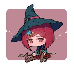  1girl black_hat black_jacket blush brown_shoes brown_vest collared_shirt commentary_request danganronpa_(series) danganronpa_v3:_killing_harmony gem_hair_ornament hair_ornament hat highres jacket long_sleeves pink_background pleated_skirt red_eyes red_hair red_skirt shirt shoes short_hair sitting skirt solo two-tone_shirt vest white_background white_shirt witch_hat youko-shima yumeno_himiko 