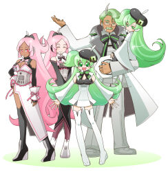  1boy 4girls arm_warmers beret black_bow black_bowtie boots bow bowtie carrying carrying_person cleavage_cutout clothing_cutout commentary_request corset dark-skinned_female dark-skinned_male dark_skin facial_hair family father_and_child father_and_daughter glasses green_hair hat headphones headset long_coat macne_coco macne_coco_(kuro) macne_nana macne_nana_petit macne_papa macne_series matching_hairstyle matching_outfits microphone missing_headwear multiple_girls mustache parent_and_child pink_eyes pink_hair platform_boots siblings sisters twins utau vocaloid wedge_heels yu_(amber-a) 