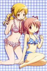  artist_request bad_id barefoot bikini blonde_hair drill_hair kaname_madoka mahou_shoujo_madoka_magica multiple_girls pink_eyes pink_hair short_hair short_twintails swimsuit tomoe_mami twintails yellow_eyes 