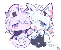  >_o 2girls :3 ? ahoge animal_ears bayachao black_cape blue_eyes blush cape cat_ears cat_girl cat_tail cheek-to-cheek chibi chibi_only chibikemo commentary_request fang food food-themed_hair_ornament fox_ears fox_girl fox_tail furrification furry furry_female hair_ornament heads_together hololive japanese_clothes jitome low_twintails medium_hair multiple_girls nekomata_okayu nekomata_okayu_(cat) official_alternate_costume official_artist_extra one_eye_closed onigiri onigiri_hair_ornament open_mouth pawpads purple_fur purple_hair shirakami_fubuki shirakami_fubuki_(fox) short_hair simple_background slit_pupils star_(symbol) tail translation_request twintails violet_eyes virtual_youtuber white_background white_fur white_hair 