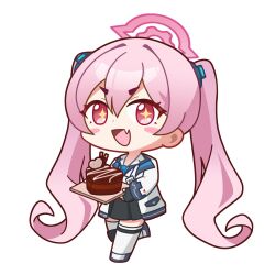  +_+ 1girl black_skirt blue_archive blue_necktie blush cake commentary_request double-parted_bangs fang fingerless_gloves food gloves hair_between_eyes halo highres holding holding_cake holding_food jacket kaneb_kr knee_guards korean_commentary koyuki_(blue_archive) long_hair long_sleeves looking_at_viewer necktie open_mouth pink_eyes pink_hair pink_halo pleated_skirt shirt simple_background skin_fang skirt smile solo teachers'_day thigh-highs twintails very_long_hair white_background white_jacket white_shirt white_thighhighs 