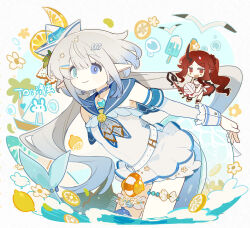  2girls bare_shoulders belt bird blue_eyes blue_hair chibi chibi_inset choker closed_mouth cowboy_shot detached_sleeves facial_tattoo fins fish_tail flower frills gradient_hair heterochromia highres huasha innertube multicolored_hair multiple_girls ocean original paper_boat pointy_ears red_eyes red_hair sailor_collar seagull smile swim_ring swimsuit tail tattoo water white_hair 