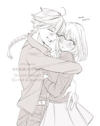  1boy 1girl 5noyamai ^_^ absurdres ahoge artist_name blush braid closed_eyes commentary_request cowboy_shot dated fate/strange_fake fate_(series) from_side glasses greyscale grin hetero highres hug jacket looking_at_viewer looking_to_the_side monochrome multicolored_hair open_clothes open_jacket over-rim_eyewear richard_i_(fate) richard_i_(second_ascension)_(fate) sajou_ayaka_(fate/strange_fake) semi-rimless_eyewear simple_background skirt smile streaked_hair sweatdrop twitter_username white_background 